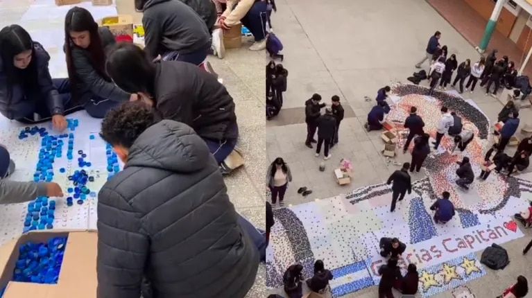 una escuela hizo un mural con tapitas de messi y se volvio viral fotos