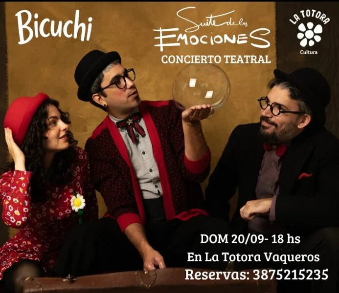 Afiche de "Suite de las emociones" con los tres integrantes de la compañía Bicuchi, de sombrero, alrededor de una burbuja