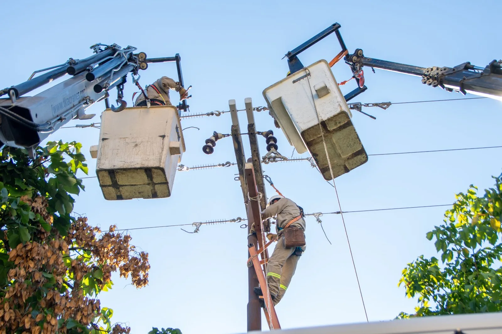 Operarios de EDESA trabajan sobre un poste de la red eléctrica con dos hidroelevadores, en la ciudad de Salta