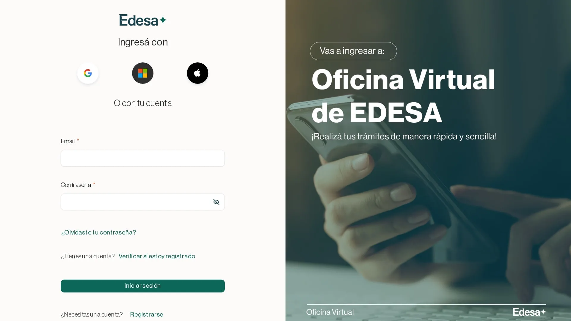 Pantalla de ingreso de la Oficina Virtual oficial de EDESA, en oficinavirtual.edesa.com.ar