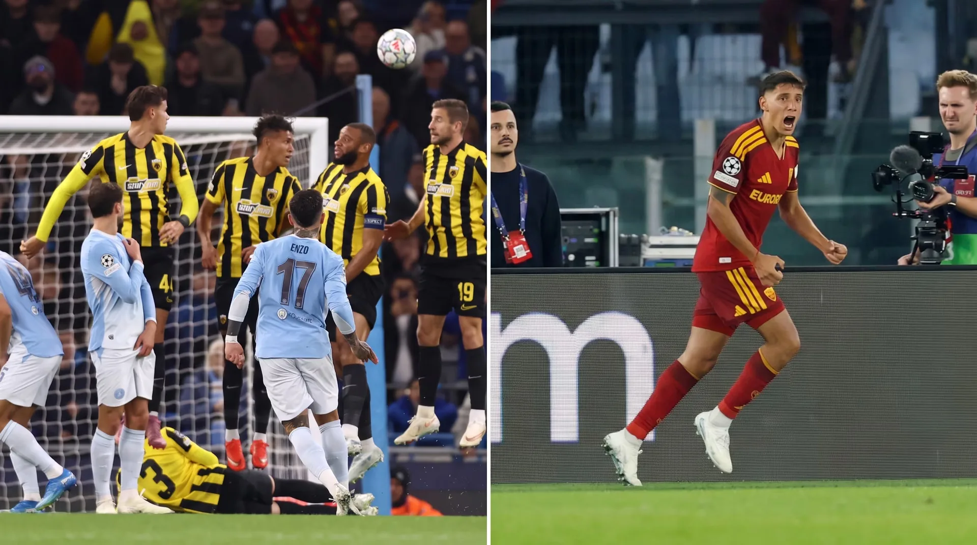 Enzo Fernández asistió con un tiro libre y Molina metió su primer gol con la Roma en la misma noche de Champions