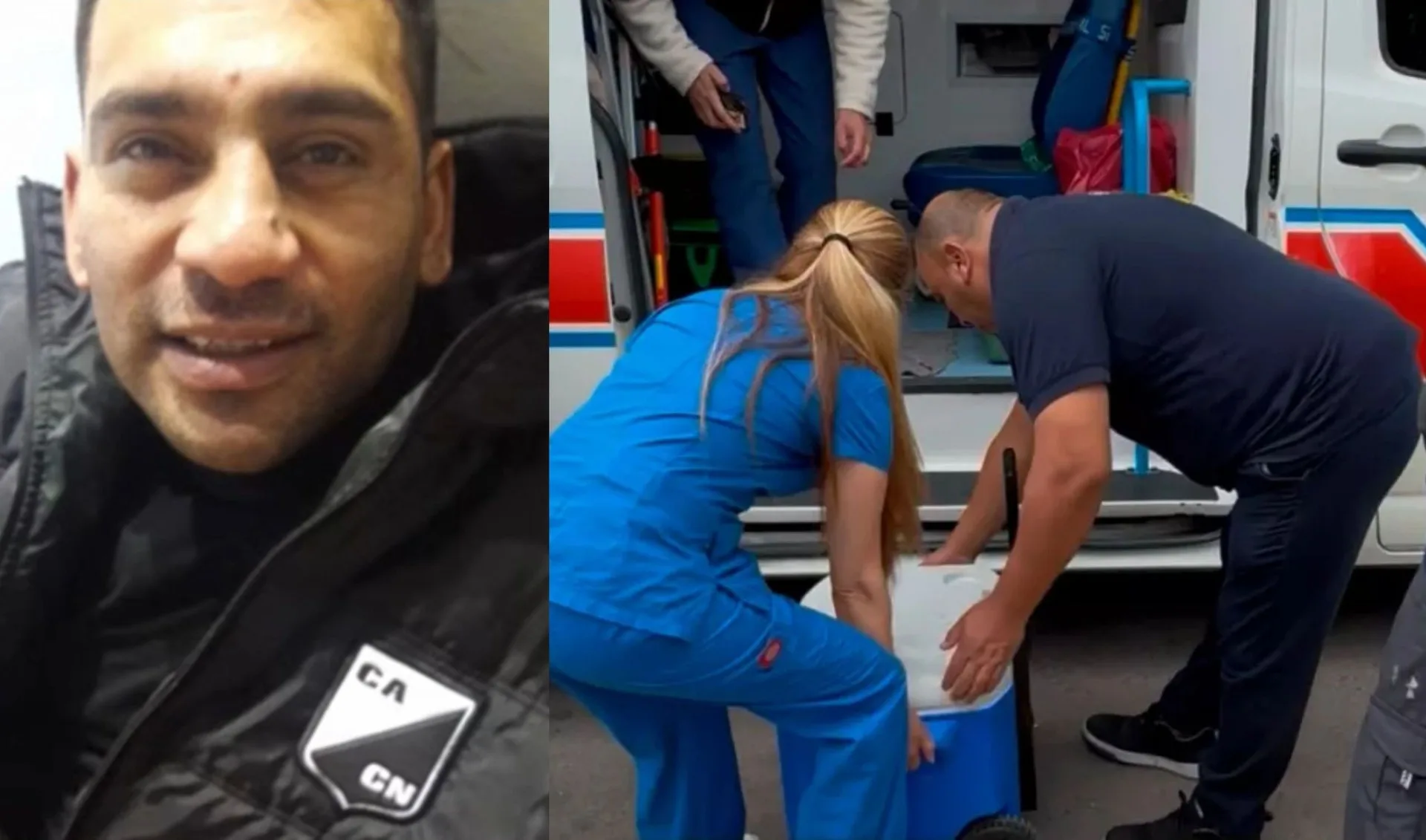 A la izquierda, Facundo Vega; a la derecha, personal de salud cargando una conservadora con órganos en una ambulancia