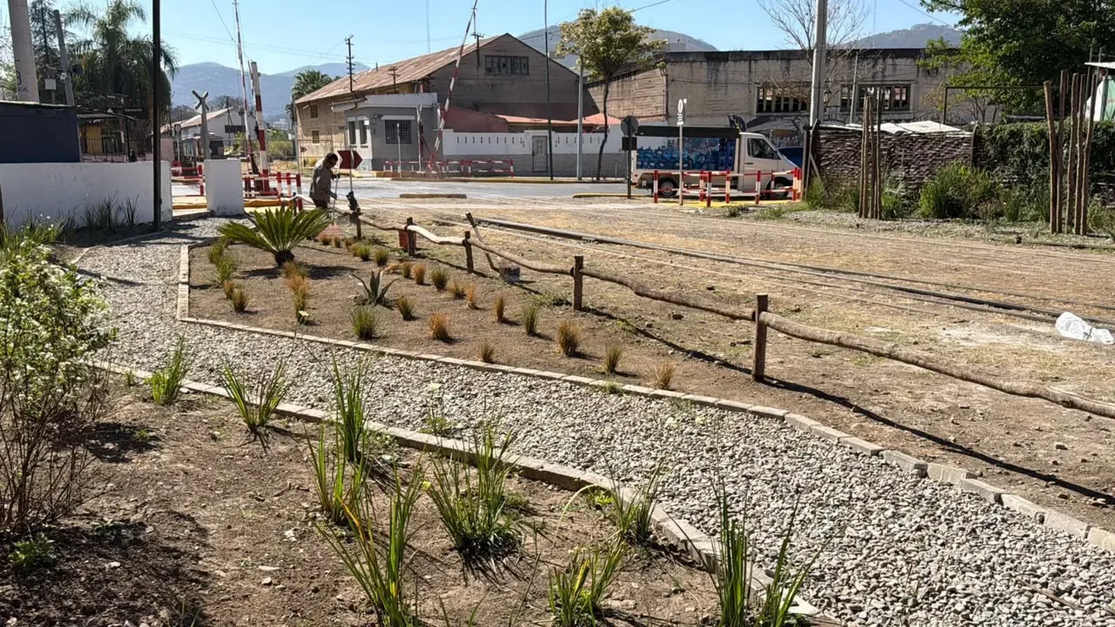 Cantero con plantas nuevas y sendero junto a las vías del ferrocarril tras la recuperación del espacio