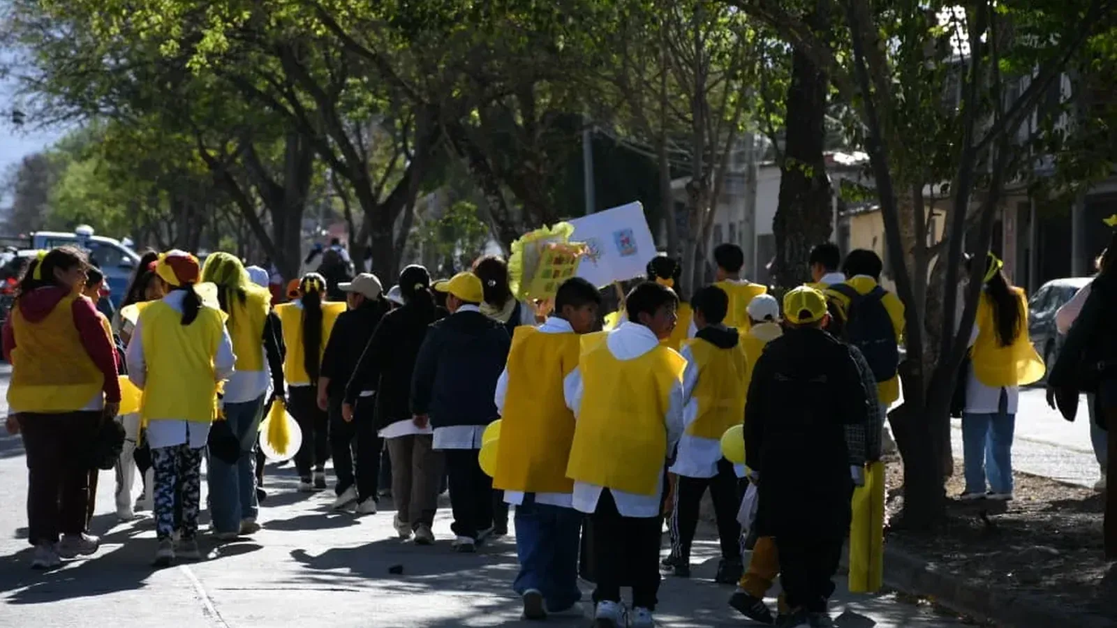 Chicos con pecheras amarillas caminan por una calle arbolada durante la jornada por la alfabetización
