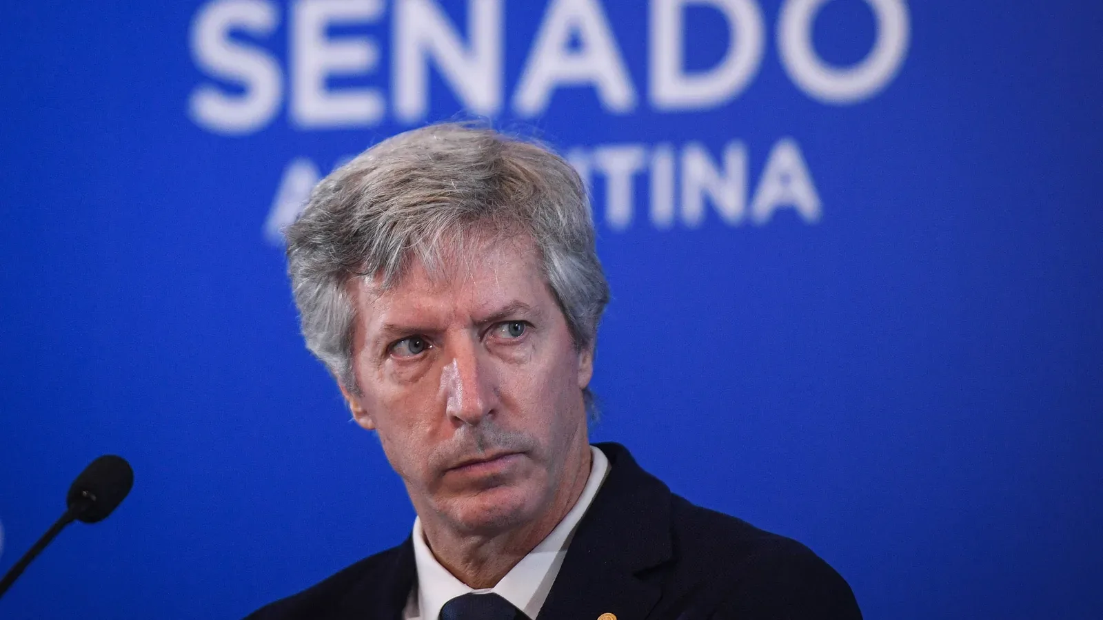 El titular del Banco Central expone ante el Senado, con el logo del cuerpo de fondo