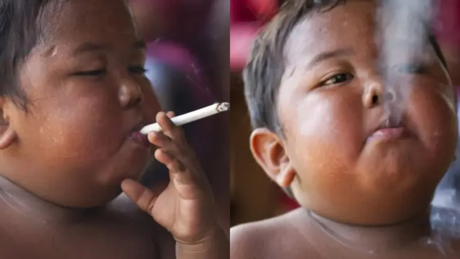 Dos imágenes de archivo del niño indonesio Ardi Rizal fumando siendo un bebé