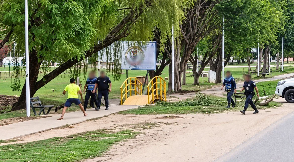 Un hombre con remera amarilla y pantalón corto frente a policías en un parque junto a una ruta de Tartagal