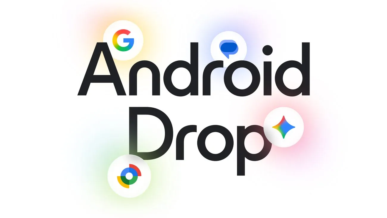 Las palabras Android Drop rodeadas por los íconos de Google, Messages, Gemini y Find Hub
