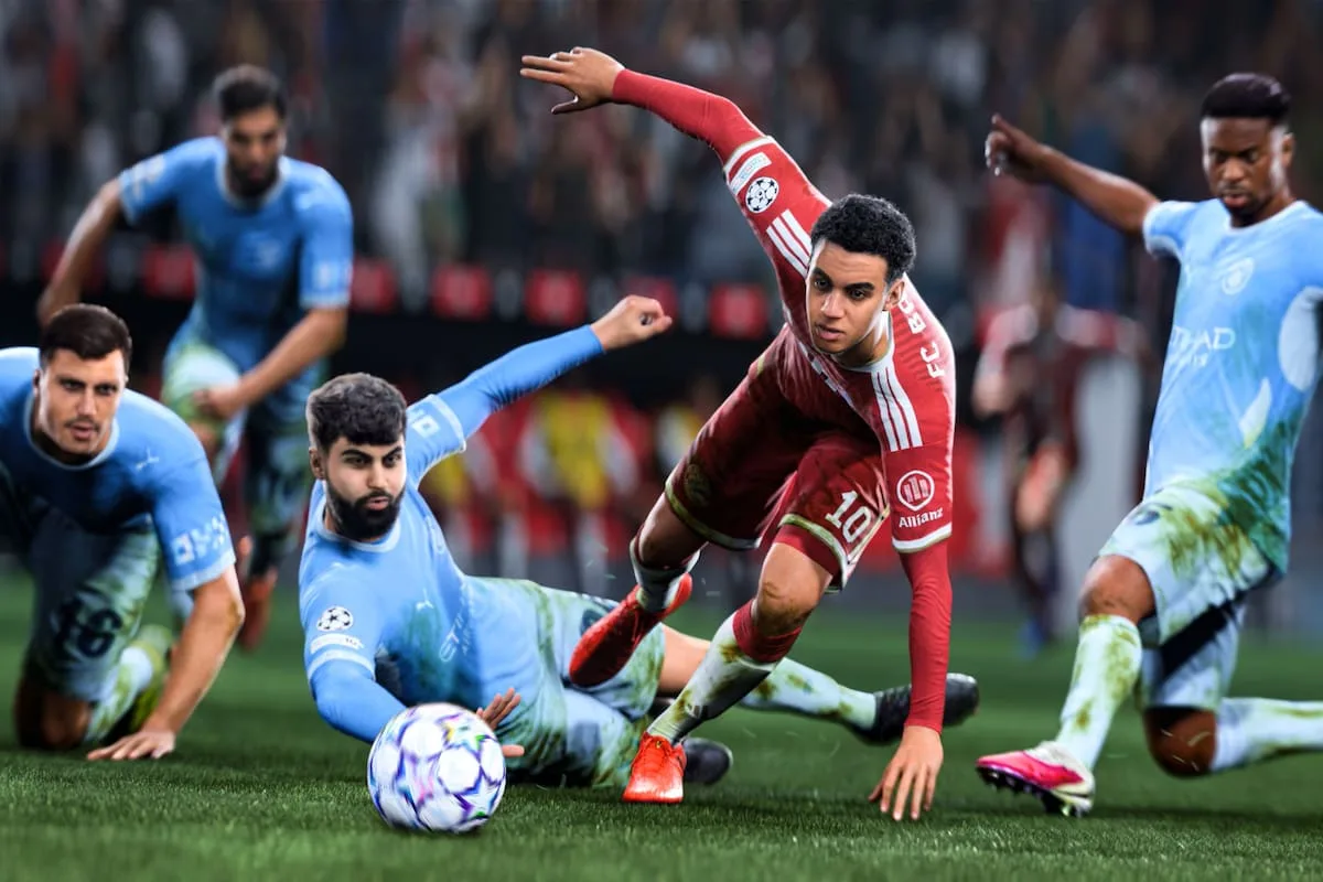 Escena del videojuego EA Sports FC 27 con jugadores disputando la pelota