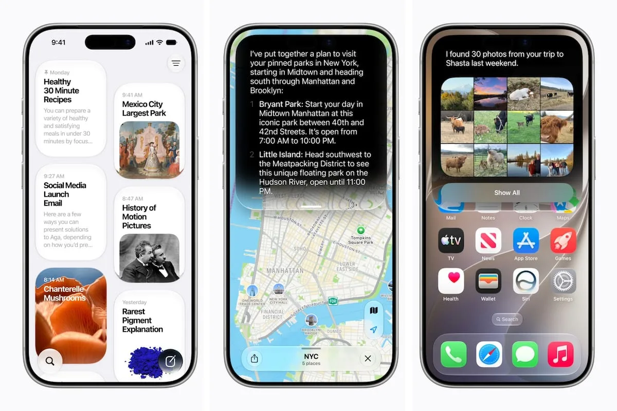 Tres pantallas de iPhone con la app de Siri, un mapa de Nueva York y una galería de fotos