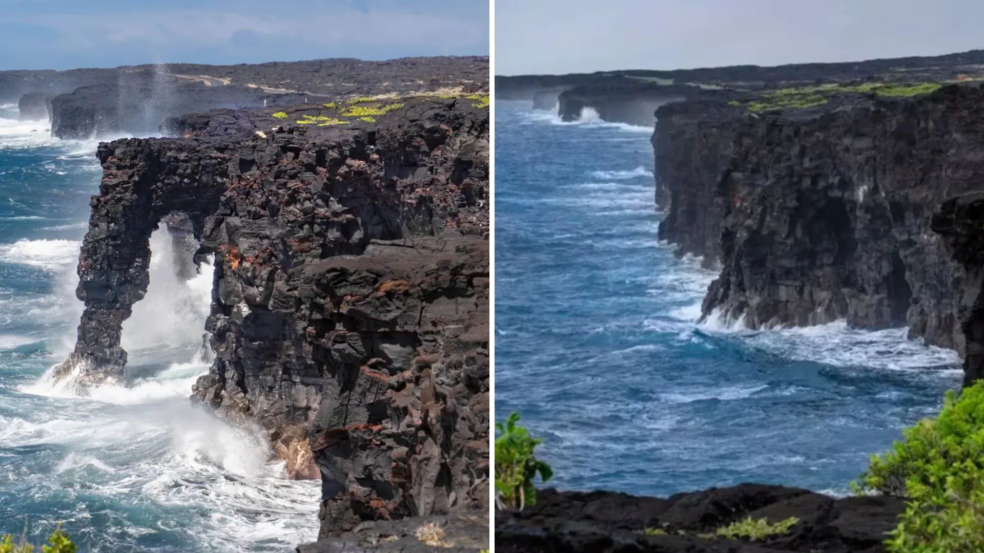 Un arco de lava de 550 años se derrumbó en el mar durante un cierre por tormenta en Hawái