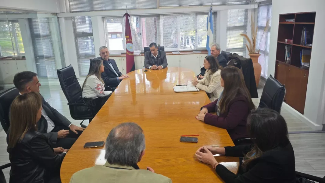Una docena de funcionarios y empresarios reunidos alrededor de una mesa larga de madera en un despacho oficial, con la bandera de Salta y la bandera argentina junto a las ventanas