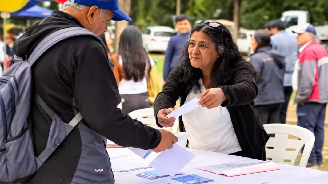 Una mujer sentada detrás de una mesa cubierta de formularios y folletos entrega una hoja a un hombre con gorra y mochila, en un operativo al aire libre con gazebos y otras personas esperando.